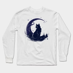 Cat Under Moon Sky Furry Cute Vector Graphic Long Sleeve T-Shirt